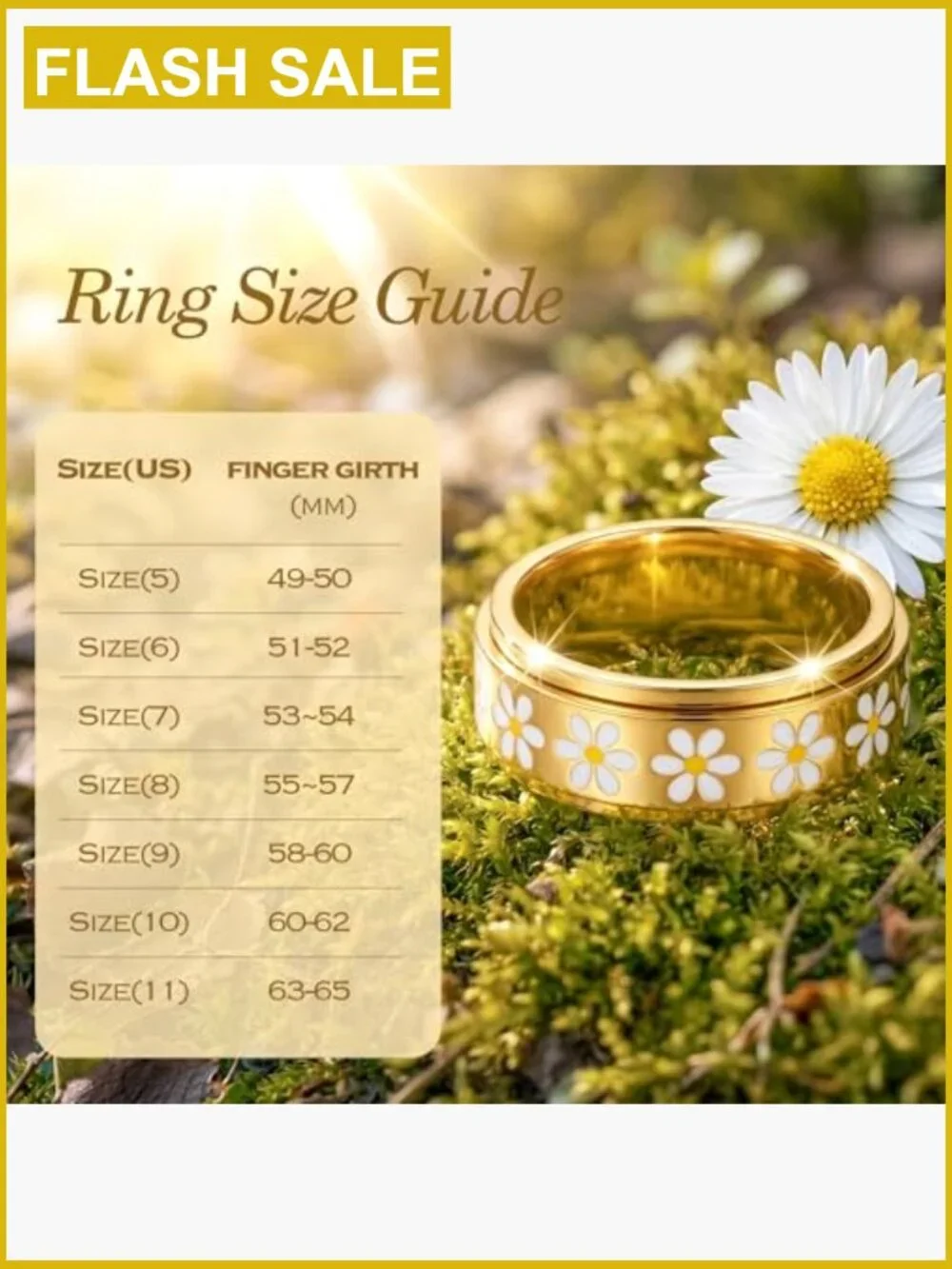 Daisy Fidget Ring Anxiety Relief Spinner Band 18K Gold Plated Stainless Steel